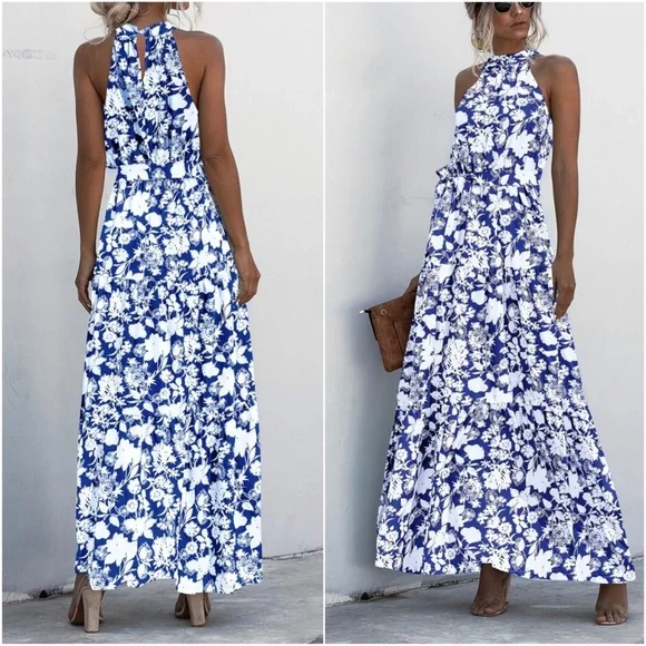 Boho Red White leopard Print Halter Ruffle Maxi Dress - Picture 10 of 13